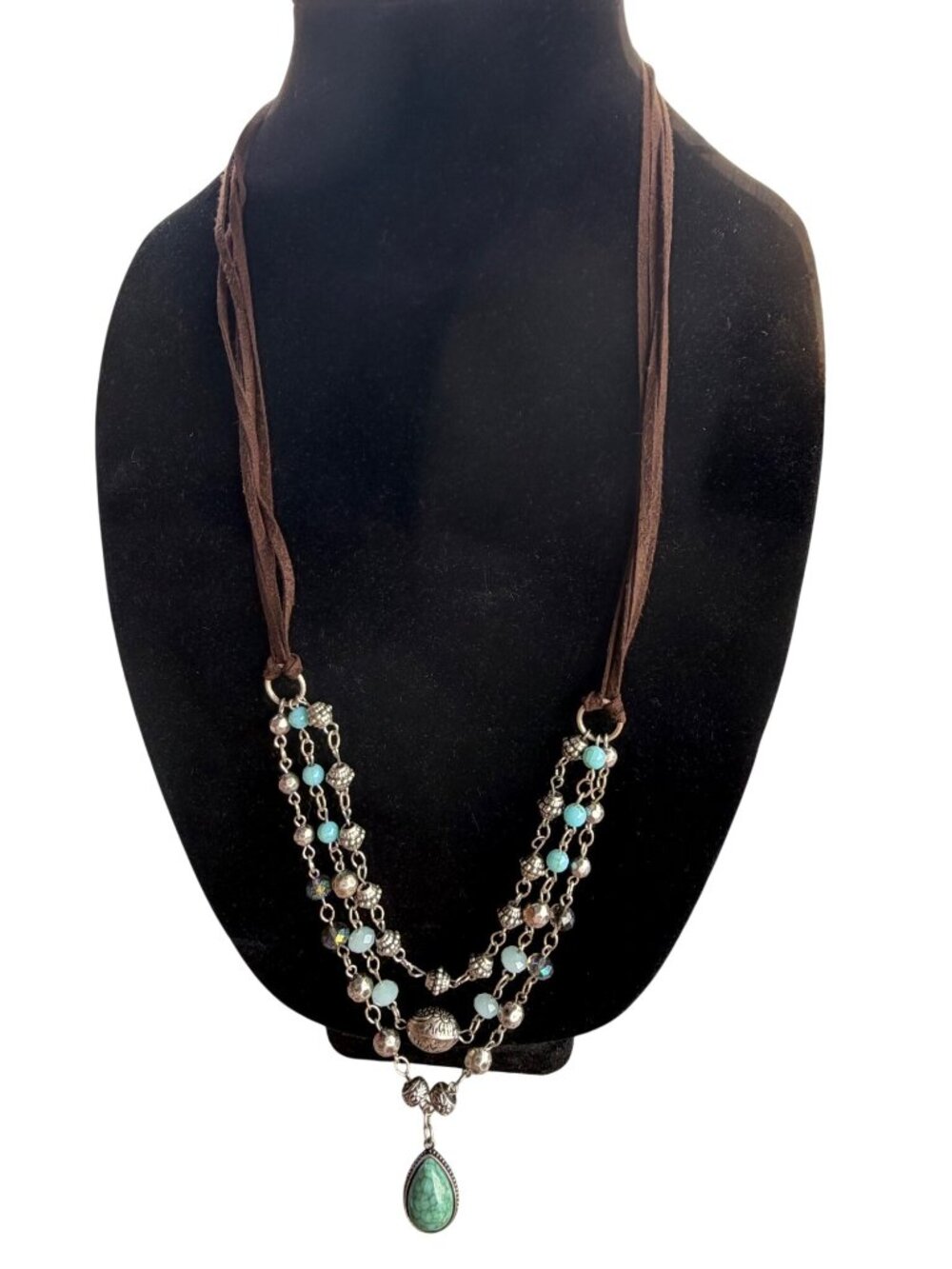 Multi-Strand Brown Cord Necklace w/Silver & Turquoise Beads & Teardrop Pendant